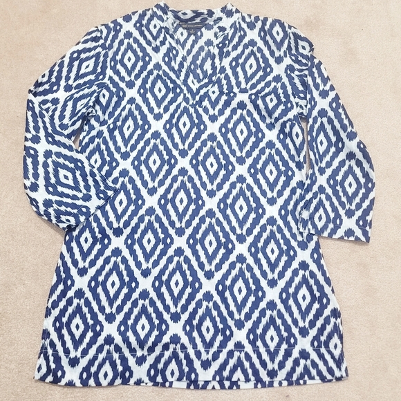 Woman's Brooks Brothers Blue Ikat Tunic Blouse 100% Cotton Size Small 3/4 Sleeve - Picture 6 of 12